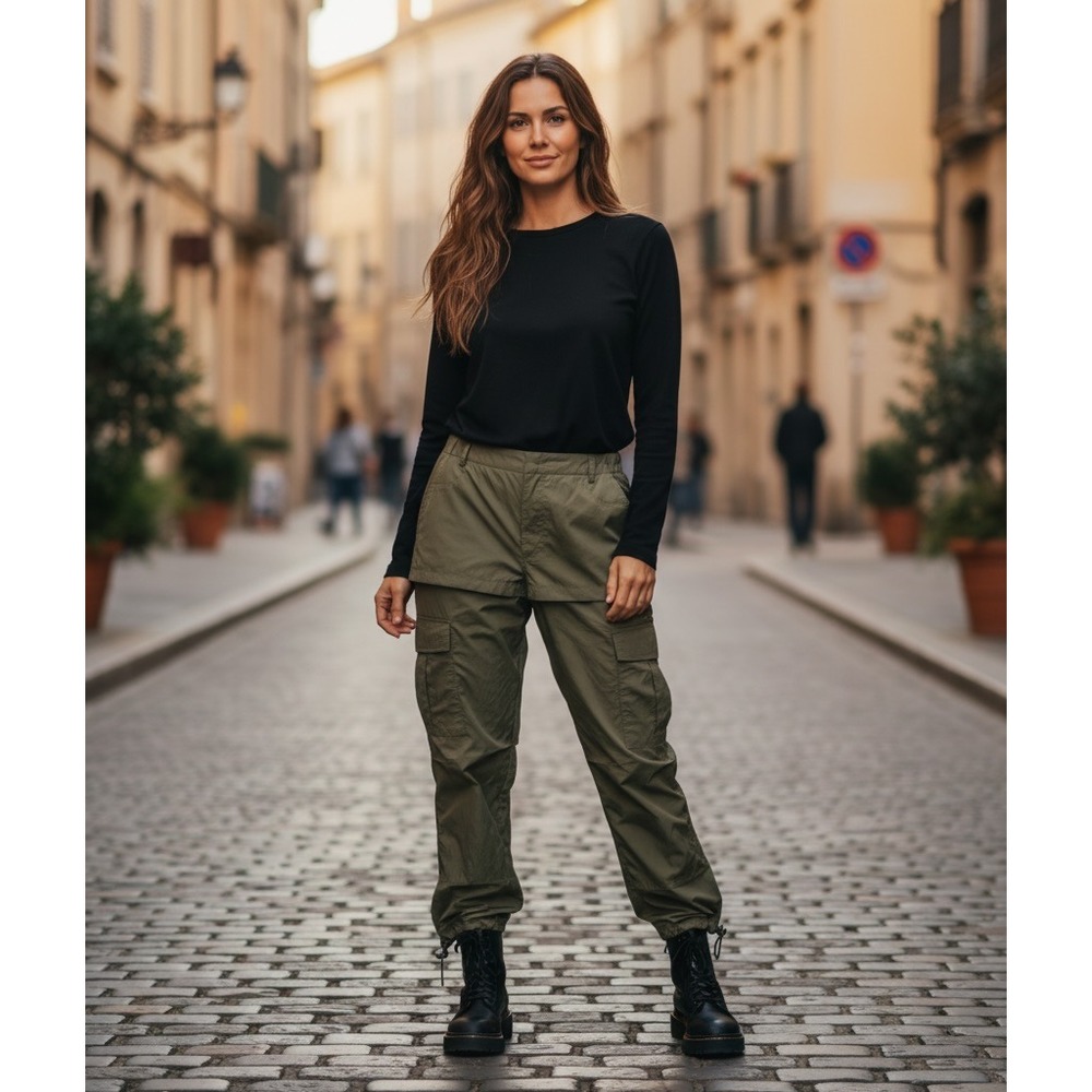 Zara Olive Green Double Waist Layered Cargo Pants Wide Leg Bungee Hem Size M